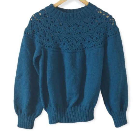 Handmade teal balloon sleeve chunky knit cozy sweater size small - Picture 1 of 4